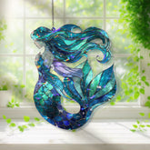 Mermaid Acrylic Suncatcher, Ocean Fantasy Window Hanging with Flowing Hair and Scales, Stained Glass Style Nautical Home Decor Gift
